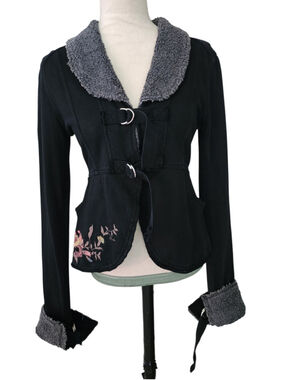 Hard Tail Forever Black Embroidered Floral Sherpa Collar Peplum Jacket S Y2K